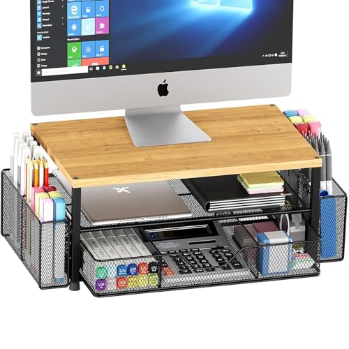 Desk Organizers and Accessories, Computer Monitor Stand Riser with Drawer and 2 Pen Holders, Printer & Laptop Stand, Office Desk Accessories & Workspace Organizers for Home Office Supplies, Oak - color: Oak