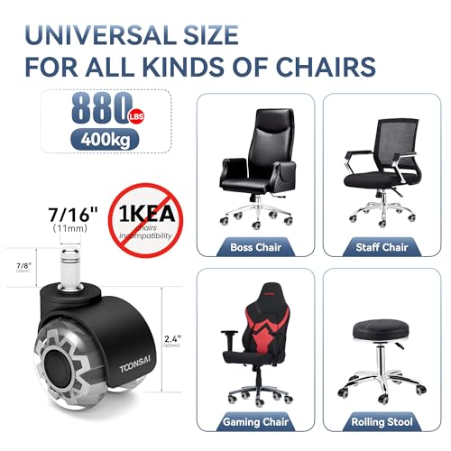 2 Inch Office Desk Chair Caster Wheels Replacement, Computer Gaming Castors for Carpet Stem 7/16-7/8, Set of 5 for Furniture Hardwood Hard Floors Chair Casters Tile Smooth Safe Quiet Rolling 880 LB - style: CLR & Black- 2 inch