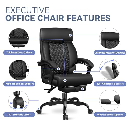 Office Chair, Big and Tall Office Desk Chair, Reclining Office Chair with Footrest Home Office Desk Chairs, High Back Ergonomic with Lumbar Support, Executive Leather - color: Black, style: With Footrest