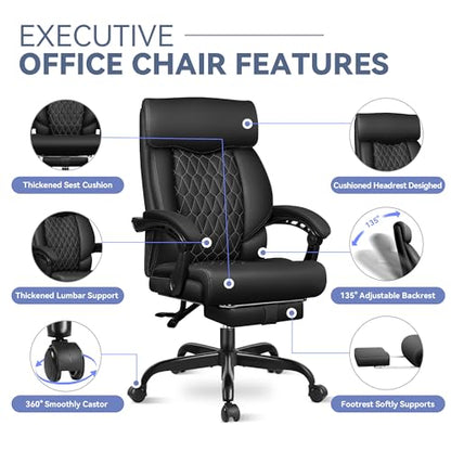 Office Chair, Big and Tall Office Desk Chair, Reclining Office Chair with Footrest Home Office Desk Chairs, High Back Ergonomic with Lumbar Support, Executive Leather - color: Black, style: With Footrest