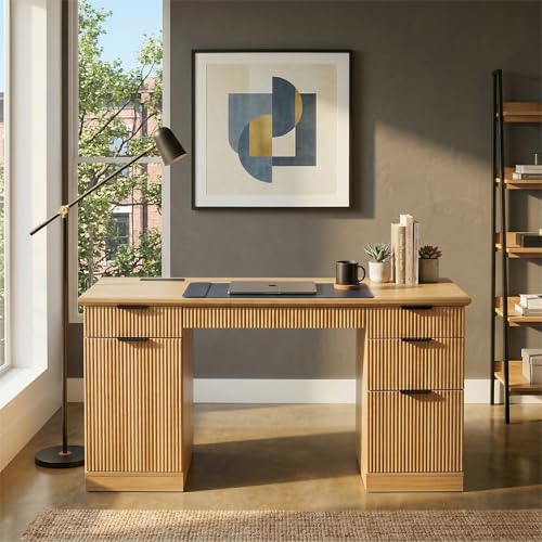 FURSUN 58" Executive Desk with Charging Station & File Drawer, Modern Fluted Home Office Desk with 5 Drawers & Keyboard Tray, Large Computer Writing Desk, Natural Oak - color: Natural Oak, size: Double-Sided Drawers