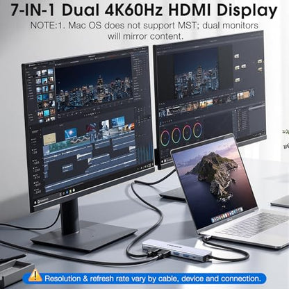 USB C to Dual HDMI Adapter, 7 in 1 Docking Station Dual Monitor | 3*USB-A Data Ports, 100W PD, HDMI Splitter Extended Display Laptop USB C Hub for MacBook, HP, Dell and More