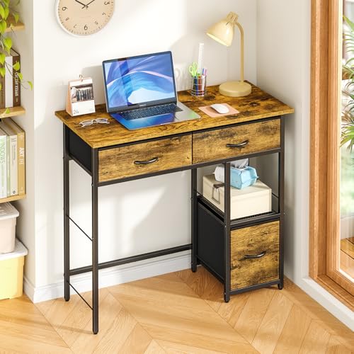 3IngSeagulls 33 Inch Small Computer Desk with Fabric Drawers, Home Office Desk with Storage Shelf, Compact Desks for Small Spaces, Teen Study Table for Bedroom, Rustic Brown