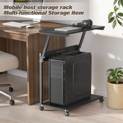 FANXIYQ Computer Tower Stand with Charging Station, Adjustable Height PC Tower Stand for Floor & Carpet, Rolling CPU Holder Cart with Top Shelf, Under Desk PC Cart, Black - color: Black