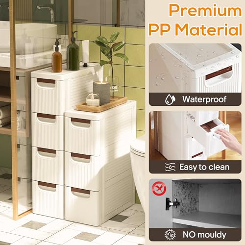 4 Drawers Slim Bathroom Storage Cabinet Dresser, Narrow Plastic Rolling Cart Organizer with Drawers, for Small Spaces, Kitchen, Laundry, Office, Bedroom, White - size: 7.5"x16.5"xx28.9"(4-Drawer)
