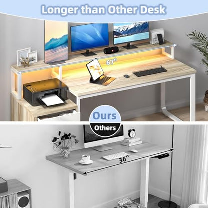 MaverickFurni 67" Home Office Desk with 3 Drawers and LED Lights, Walnut - color: White and Walnut