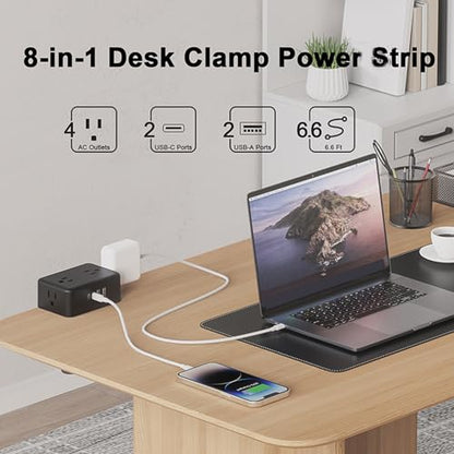 Desk Clamp Power Strip, 8 in 1 Desktop Charging Station with 4 AC Outlets 4 USB Ports 20W PD Fast Charge, Widely Spaced Outlets, 6.56ft Cord, with Overload Protection (US Plug)