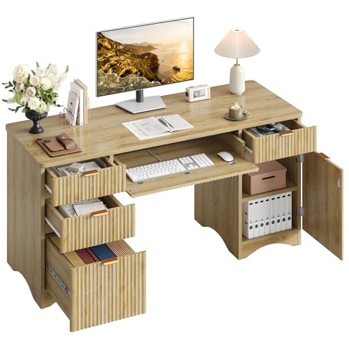Bestier 63 Inch Home Office Desk with Drawers, Fluted Executive Desk with Ample File Drawer, Keyboard Tray & Storage Cabinet for Study, Living Room, Bedroom, Natural Oak - color: Natural Wood Finish, size: 63 Inch