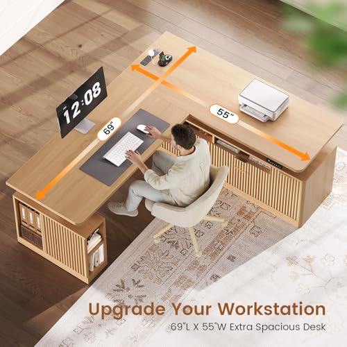 SEDETA Fluted L Shaped Executive Electric Standing Desk with 4 Drawers | 69" x 55" Height Adjustable Office Desk with Storage Shelves, Power Outlet, Sit Stand Computer Desk for Home Office, Natural - color: Natural