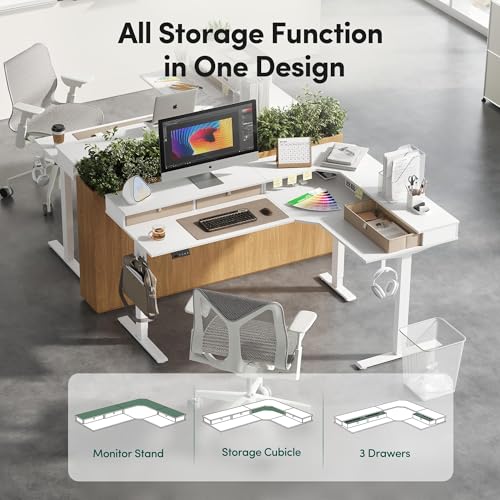 FEZIBO L Shaped Electric Standing Desk, 63x48 inch Large with Drawers | Reversible Tabletop, 2 Memory Height Settings | Home Office & Gaming Height-Adjustable Table, Warm White（2 Packages） - color: Warm White, size: 63"x48"