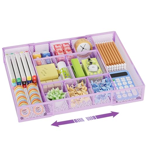 Marbrasse Expandable Desk Drawer Organizer, Mesh Drawer Organizer Tray with 10 Adjustable Compartments, Desk Organizers and Accessories for Office Supplies, Makeup & Vanity (Expandable-Purple) - color: Expandable-Purple