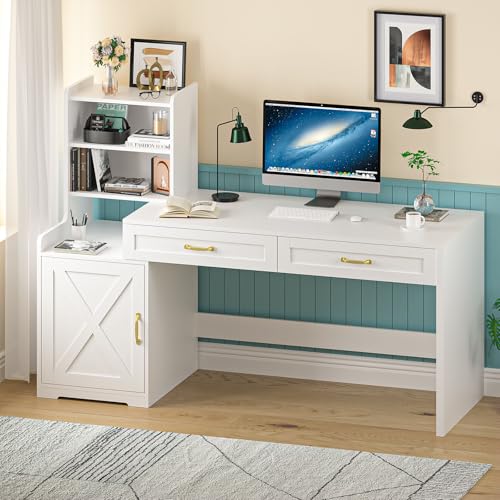 60" White Computer Desk with Drawers & Bookshelves for Bedroom, Home Office - color: White