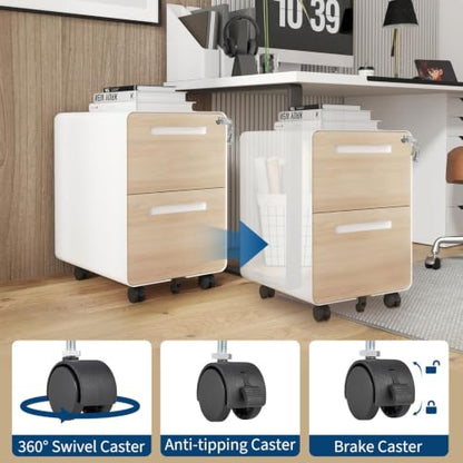 Garvee Mobile File Cabinet with Lock, 2 Drawer File Cabinet with Lock | 2 Drawer Under Desk Metal Rolling Filing Cabinets for Home Office Legal/Letter File Folders, Fully Assembled - color: Wood