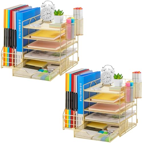 Marbrasse Desk Organizer with File Holder, 5-Tier Paper Letter Tray Organizer with Drawer and 2 Pen Holder, Mesh Desktop Organizer and Storage with Magazine Holder for Office Supplies (Gold 2p) - color: Gold 2p