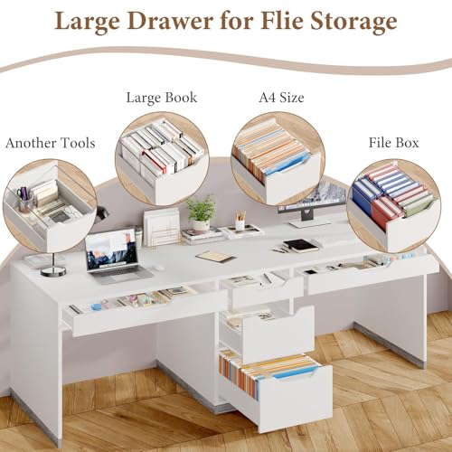 MaverickFurni 78" Two Person Desk with 5 Drawer, Long Desk with File Drawer | Double Desk for 2 People, 2 Person Desk Writing Table for Home Office, Long Computer Desk with Storage, White - color: Farmhouse White