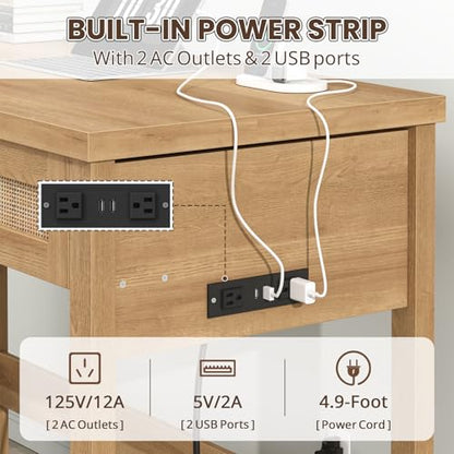 YOMILUVE Rattan Computer Desk with 2 Drawers, 39 Inch Small Desk with Power Outlets, Farmhouse Boho Vanity Desks, Compact Writing Study Table for Small Spaces, Oak - color: Oak