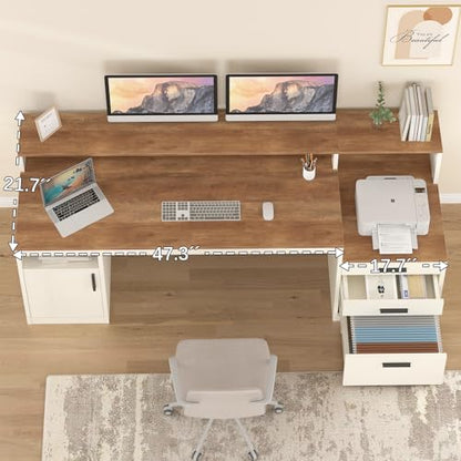 65" Computer Desk with 3 Drawers & Printer Shelf for Home Office | Office Desk with Printer Shelf & File Drawer, Executive Desk Writing Study Table with Monitor Stand, Brown & White - color: Antique White