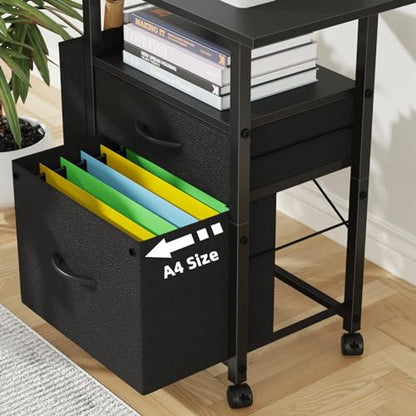 GYIIYUO 2 Drawer File Cabinet 24''W, Mobile Filing Cabinet, Printer Stand | 24'' Extended Desktop, Rolling, Side Bag, Fits A4/Letter Size, Home Office, Fabric Drawer, Black - color: Black