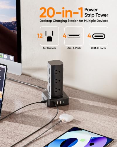 160W Charging Station, Acozvin Power Strip Tower with 12 AC Outlets 8 USB - size: 160W