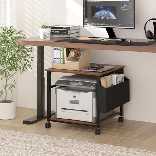 Lerliuo Brown Large Printer Stand with Storage | 23.6" W x 23.6" D x 22.8" H Printer Table for Home Office, Rolling Printer Cart Holder with Lockable Wheels & Side Pocket - color: Brown