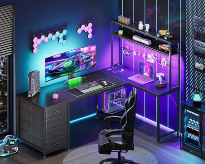 AODK L Shaped Desk Gaming Desk with LED Light & Power Outlet | 59 Inch Black Reversible L Shaped Computer Table with 4 Drawers for Home Office - color: Black, size: 59 Inch