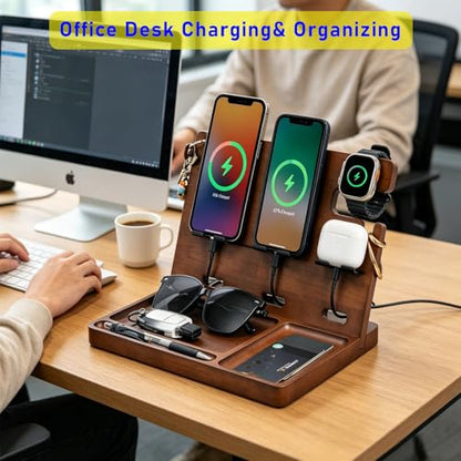 Wood Phone Docking Station with 4 USB Outputs Nightstand Organizer for Men - color: Walnut color