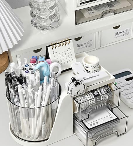 Rotating Desk Organizer, Large Capacity Cosmetic Display Case with Drawer, 360-Degree Rotating Pen Holder, Art Supply Storage Box Caddy for Office and Home - color: 360° Rotating 6 Slots 2 Drawers White