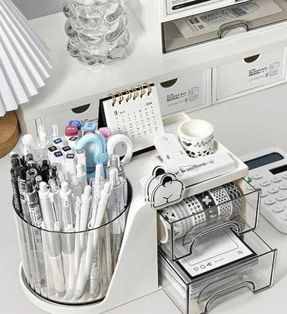 Rotating Desk Organizer, Large Capacity Cosmetic Display Case with Drawer, 360-Degree Rotating Pen Holder, Art Supply Storage Box Caddy for Office and Home - color: 360° Rotating 6 Slots 2 Drawers White