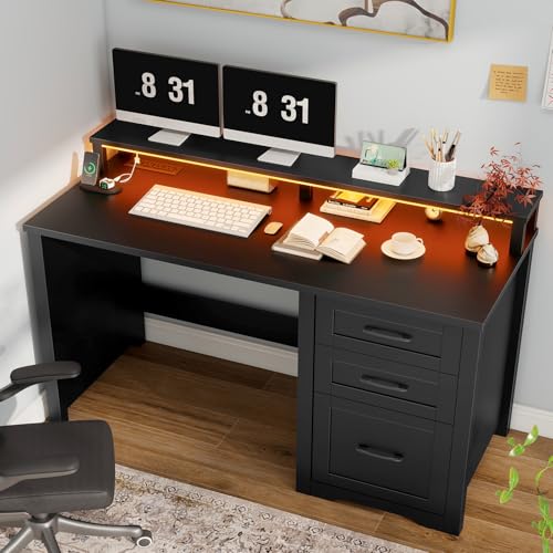 Vabches 47" Farmhouse Executive Desk with 3 Drawers,LED Lights,Pure Black | Computer Desk with Monitor Stand and Power Outlets, File Cabinet, Large Workspace for Work Study Writing - color: Pure Black, size: 3 Drawers & Monitor Stand