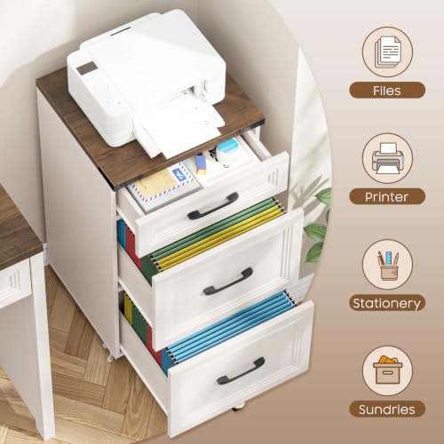 3 Drawers Farmhouse File Cabinet with Wheels for Home Office, Rustic White - color: White and Brown, size: Big 3 Drawers