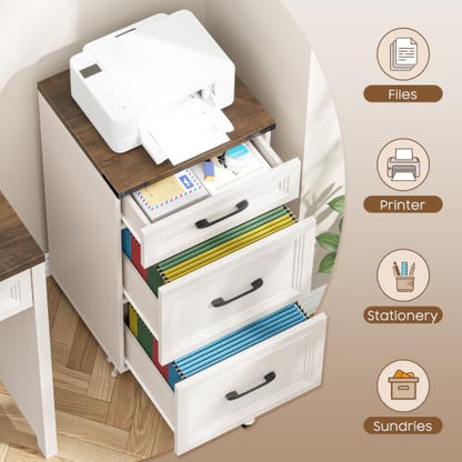 3 Drawers Farmhouse File Cabinet with Wheels for Home Office, Rustic White - color: White and Brown, size: Big 3 Drawers