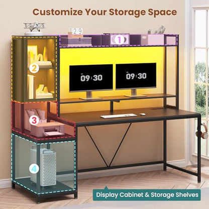SEDETA 60'' Gaming Desk with Storage, Hutch, Display Cabinet and LED Lights - color: Black