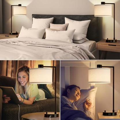 Luvkczc Table Lamp for Bedroom Set of 2 with USB C+A Ports, Fully Stepless Dimmable Bedside Lamp with Linen Lampshade, Contemporary Lamp for Living Room Reading Office, 2 LED Bulbs Included (Black) | Nightstand Lamp with Linen Lampshade, 2 LED Bulbs Inclu
