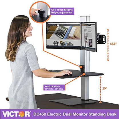 Victor High Rise Electric Sit-Stand Standing Desk Converter with Dual Monitor Stand - Height Adjustable Office Desk Workstation for Home, 28" x 23" Work Surface, Black - size: Dual Monitor