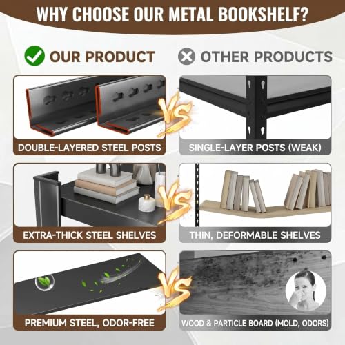 Heavy Duty 4 Tier Metal Book Shelf Adjustable Bookcase | 2400 LBS Bolt-free Storage Shelves with Deep Bookshelf for living Room, Office and Garage Storage, 14"Wx 12"Dx 45"H - size: Enhanced 4 Tier-14"Wx 12"Dx 45"H
