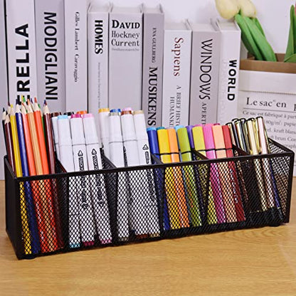Black Mesh Pen Pencil Holder, Small Metal Desk Organizer Desktop Stationery Office Supplies Acessories Storage Stand, 6 Compartments Brushes Holder for Home School Classroom Teachers - size: 6 Grids