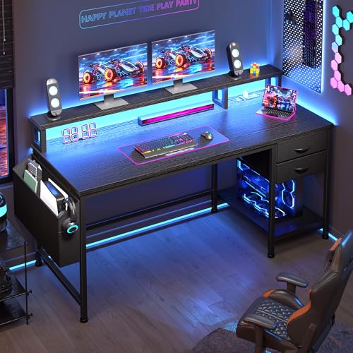 DurayLoly 48" Gaming Desk with RGB Lights & Power Outlets for Teens | Wireless Remote Full-Color Strip, Various Lighting Modes, Level Up Teens Gaming Vibe or Study for Protect Eyes In Bedroom - color: Black, size: 48"W*20"D*35.5"H