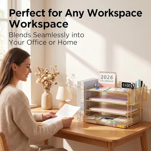 OPNICE Desk Organizers and Accessories, 4-Tier Desktop File Organizer with Drawer and Pen Holders, Office Desk Accessories Workspace Organizers for Office Supplies (Gold) - color: Gold, size: 4T