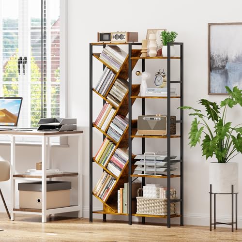 5-Tier Double Wide Bookshelf 67" , Industrial Tree BookShelves, Vintage Storage Rack with 14 Open Shelves, Large Bookcase, Wooden and Metal Bookshelves, Wide Display Rack for Home Office Decorative - color: Vintage Brown, size: 15 Tier