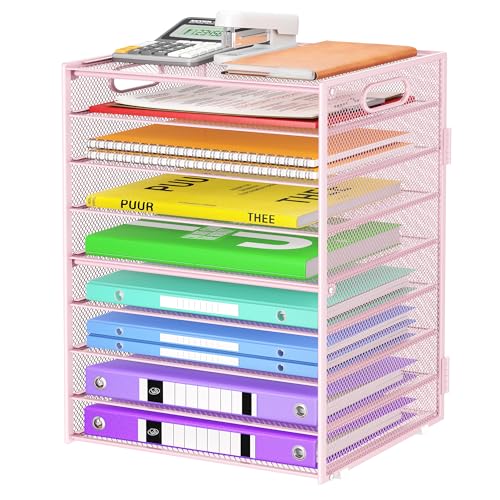 Cawukege 9 Tier Paper Organizer with Handle, Pink Large Capacity Desk Organizer Mesh File Folder Letter Paper Tray Desktop Document Sorter for Classroom, School, and Office Accessories Organization - color: 1 Pack - Pink