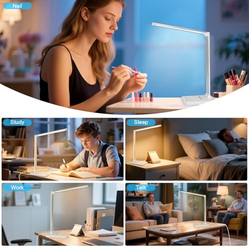 White crown LED Desk Lamp Dimmable Table Lamp Reading Lamp with USB Charging Port, 5 Lighting Modes, Sensitive Control, 30/60 Minutes Timer (White, First-Generation) - color: White, size: first-generation