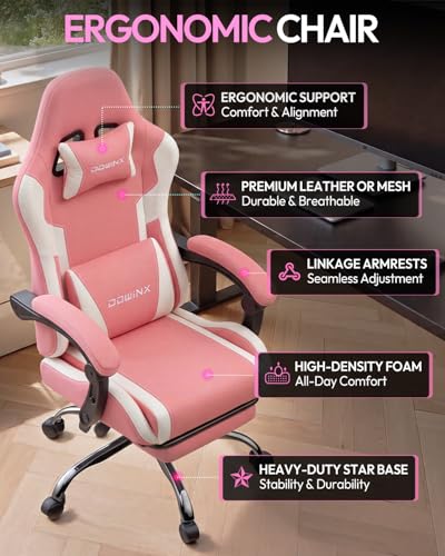 Dowinx Ergonomic Gaming Chair with Footrest & Massage Lumbar, 2D-Linkage Armrests for Computer Chair 330lbs with Headrest Pillow for Office, Home, Streaming and Long Gaming Sessions, Fabric Pink White - color: Pink White