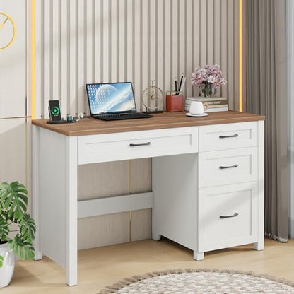 Farmhouse 47" Executive Desk, Computer Desk with File Drawer, Off White - color: Off White, size: Right Mounted