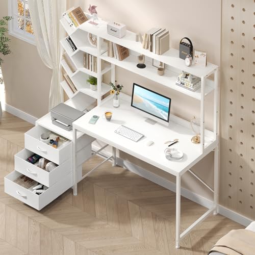 YOMILUVE 52" Computer Desk with Bookshelf, 3 Drawers ＆ Hutch for Bedroom | White Office Desk with Printer Shelf, Study Writing Desk with Storage Shelves - color: White