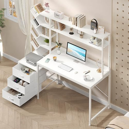 YOMILUVE 52" Computer Desk with Bookshelf, 3 Drawers ＆ Hutch for Bedroom | White Office Desk with Printer Shelf, Study Writing Desk with Storage Shelves - color: White