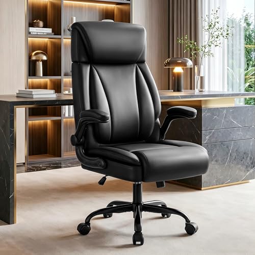 BestGlory Ergonomic Office Chair, PU Leather Executive Desk Chair with Adjustable Headrest, Flip-Up Arms and Lumbar Support, High Back Computer Chair for Home Office, Remote Work, Gaming, Black - color: Black