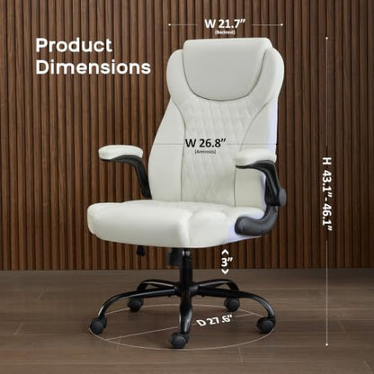 amseatec Big and Tall Office Chair, Flip-Up, Executive Desk Chair, White | Ergonomic Leather High Back, Lumbar Support, 90 °Lock, 115° Tilt, 20 Spring Packs, 300lbs Capacity, Wide Seat/Smooth Casters - color: White