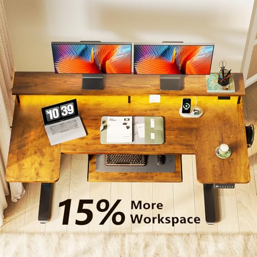 OffiGo 55 Inch U Shaped Standing Desk with Keyboard Tray, Rustic Brown - color: Rustic Brown, size: 55 Inch