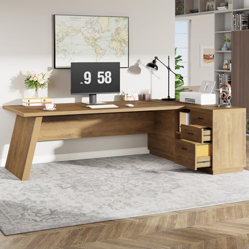 Tribesigns 78" L-Shaped Executive Desk, Large Modern Office Desk with Drawers and Lateral File Cabinet, Business Furniture with Storage Shelves, Big Computer Table for Home Office (Brown) - color: Brown