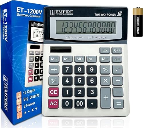Empire Desk Calculator with Large Key Buttons, 12-Digit Large Eye-Angled Display, Solar & Battery Powered - Basic Calculator for Students, Home and Office Use (Battery Included) - color: Desk Calculator_White